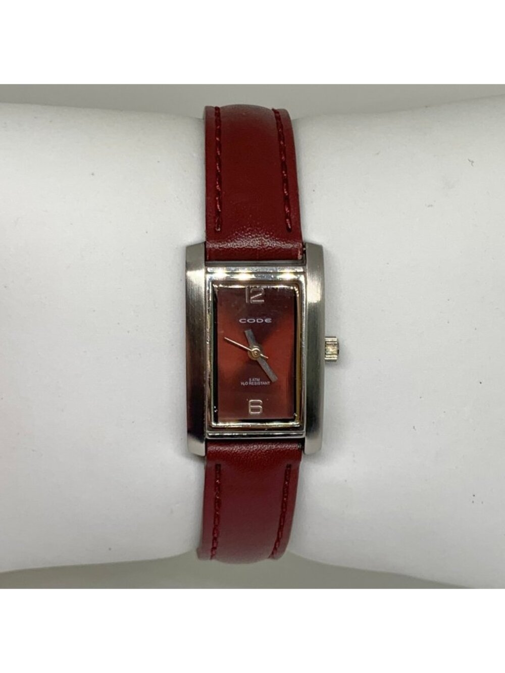 CODE Quartz Watch women’s Silver Tank Japan 18mm red dial leather band running